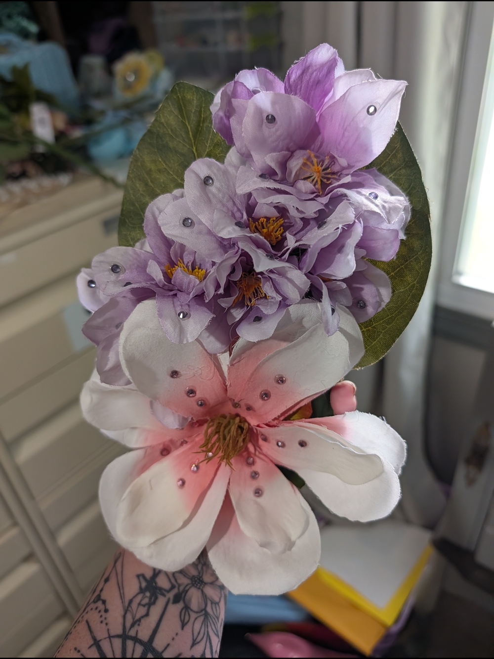✨Handmade Pink Sparkly Magnolia Hairflower With Purple Sparkly Accent Flowers.✨